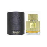 Gold parfum fles en zwarte cylindervormige doos voor Lattafa Parfum Qaaed